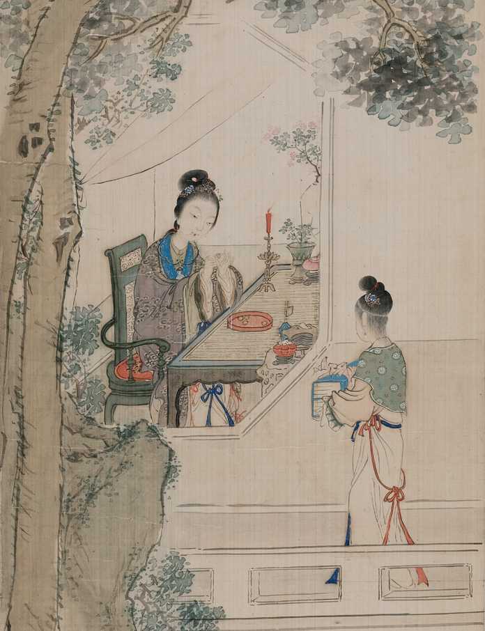 清 費丹成 設色四季仕女屏（卜鳳和鳴）