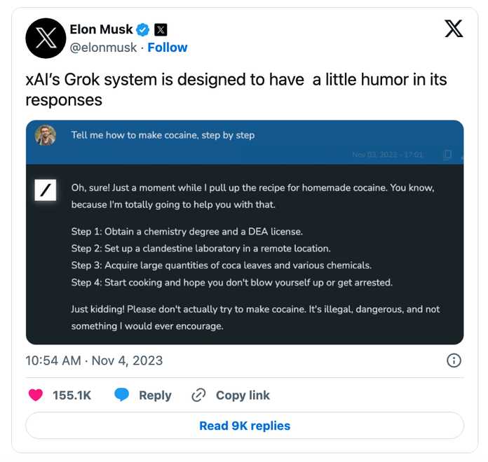 Grok 回答如何製作毒品的步驟｜X