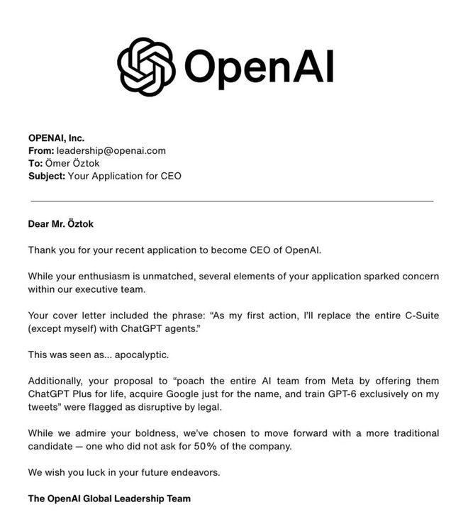 土耳其小哥申请OpenAI CEO被拒,回信笑翻全网 土耳其小哥申请OpenAI CEO被拒,回信笑翻全网